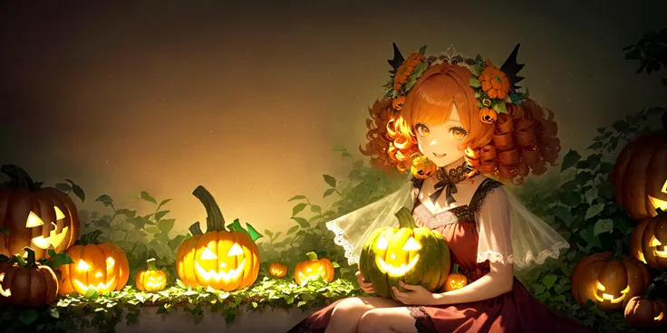 masterpiece, best quality, super sharp focus, A little girl (pumpkin spirit) walking in a pumpkin field, holding a pumpkin lantern bag, singing, (girl 1 (5 years old)), orange hair ((natural curly hair, pumpkin flower hair) Ornament)), smile, purple dress ...