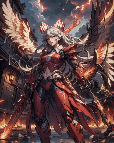 8k uhd,dslr,high quality,clean,((Fujiwara no Mokou as a phoenix angel in a mechanical armor with fiery wings, alternate costume, adapted costume, godly aura, floating in the air, descending from the sky)),very long hair, hime cut, rainy,dark night,lightnin...