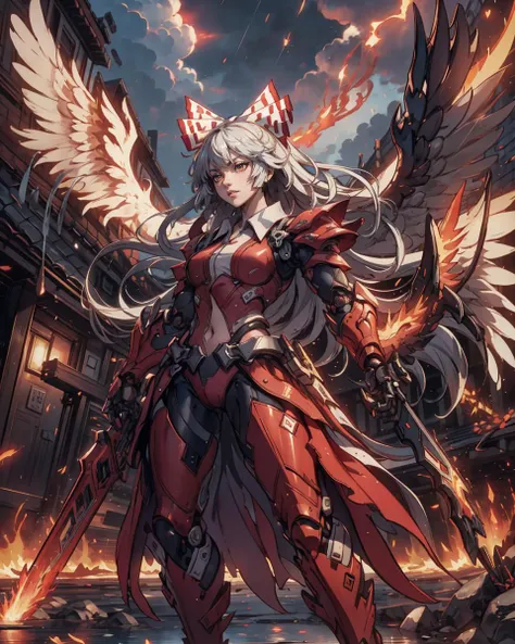 8k uhd,dslr,high quality,clean,((Fujiwara no Mokou as a phoenix angel in a mechanical armor with fiery wings, alternate costume, adapted costume, godly aura, floating in the air, descending from the sky)),very long hair, hime cut, rainy,dark night,lightnin...