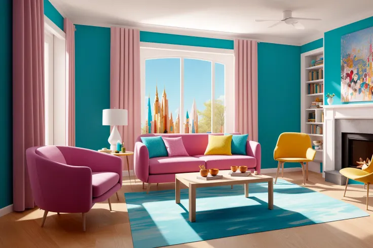 Illustrated in a digital art form, the modern living room envisioned by renowned architects is transformed into a vibrant scene by the talented artist Mary Blair. The rooms design elements take on a fantastical quality, with whimsical patterns and imaginat...