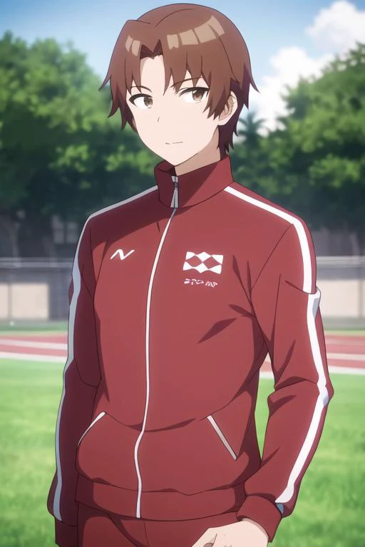 masterpiece, best quality, high quality, 1boy, solo, male focus, looking at viewer, upper body, depth of field, <lora:tetsuhiko_kai:0.70>, tetsuhiko_kai, brown hair, brown eyes, track suit