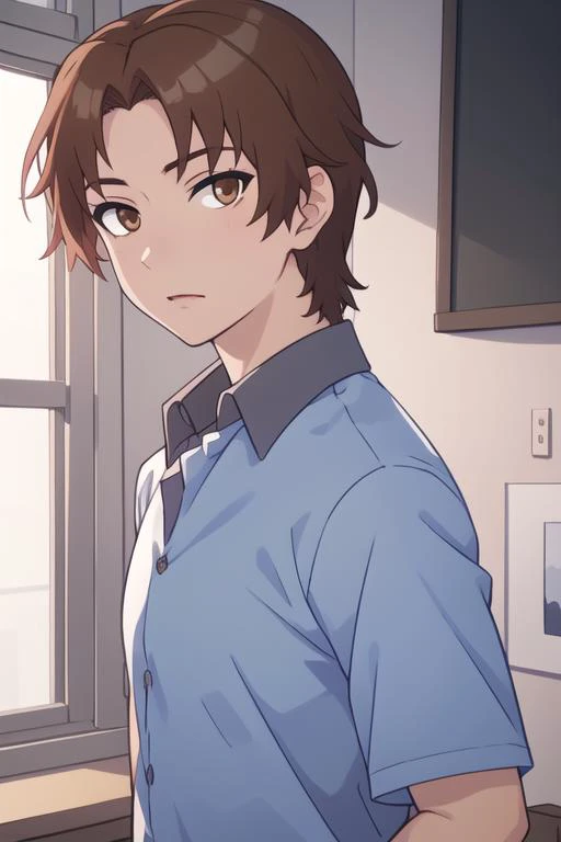 masterpiece, best quality, high quality, 1boy, solo, male focus, looking at viewer, upper body, , <lora:tetsuhiko_kai:0.76>, tetsuhiko_kai, brown hair, brown eyes, shirt