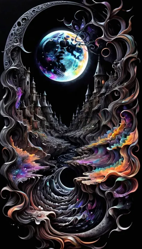 a painting of a moon and a city with a spiral design