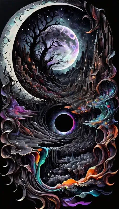 a painting of a full moon and a castle with a black hole