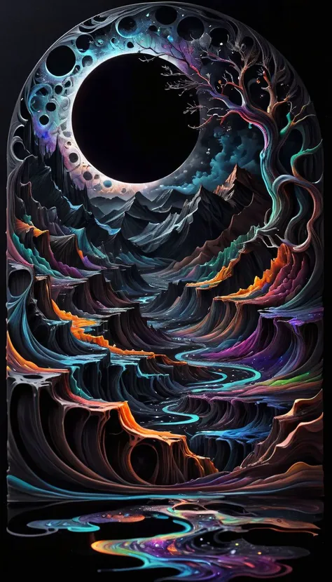 a painting of a black hole with a black sky and colorful clouds