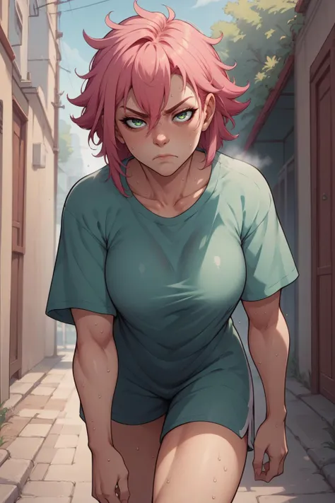 score_9, score_8_up, 1girl, solo  <lora:mfcgXL:1> multicolored hair, red hair, pink hair, green t-shirt, walking, leaning forward, sweat, serious face, looking at the viewer