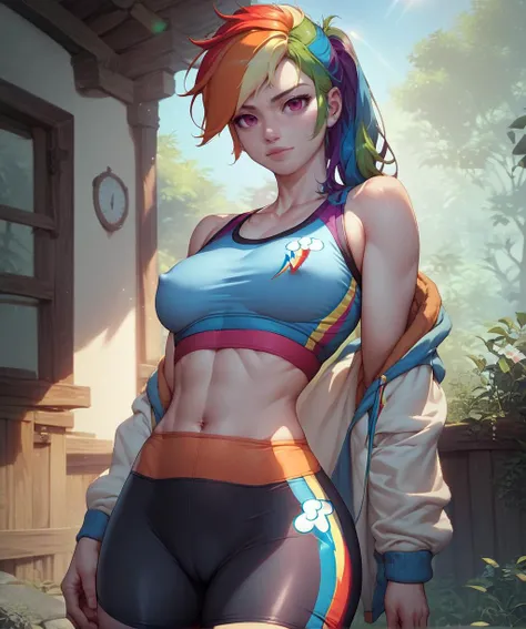 score_9, score_8_up, score_7_up, score_6_up, score_5_up, score_4_up, source_anime, rating_suggestive, (rainbow dash, pale skin), bike shorts, sports bra,  nipple bulge, looking at viewer,masterpiece, detailed soft lighting, outdoors,<lora:mfcgXL:1>