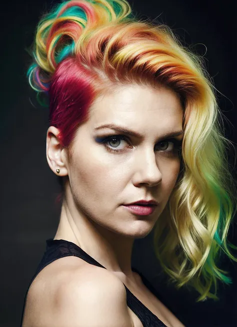 a close up of a woman with colorful hair and a black top