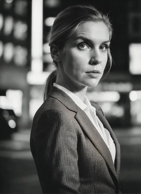 a close up of a woman in a suit standing in a city