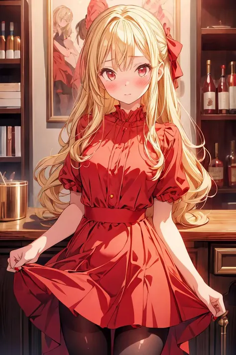 (masterpiece, best quality), 1girl, blonde hair, red dress, pantyhose, cute face, blush, <lora:add_detail:1>