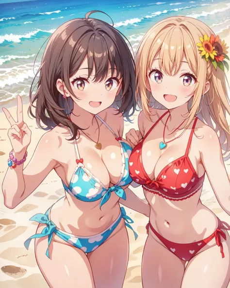 two women in bikinis standing on a beach near the ocean