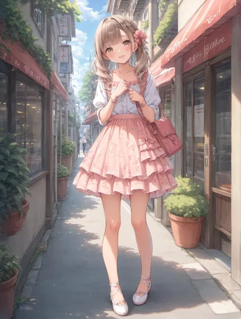 anime girl in pink dress walking down a narrow street