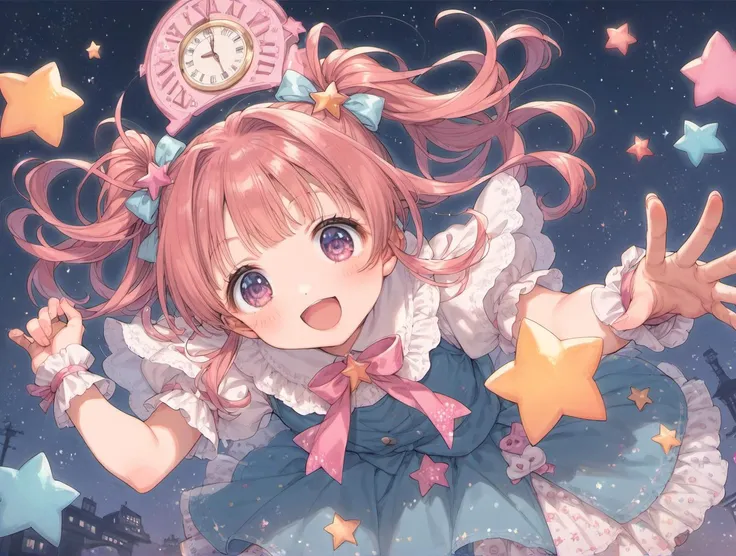 anime girl with pink hair and blue dress holding a clock