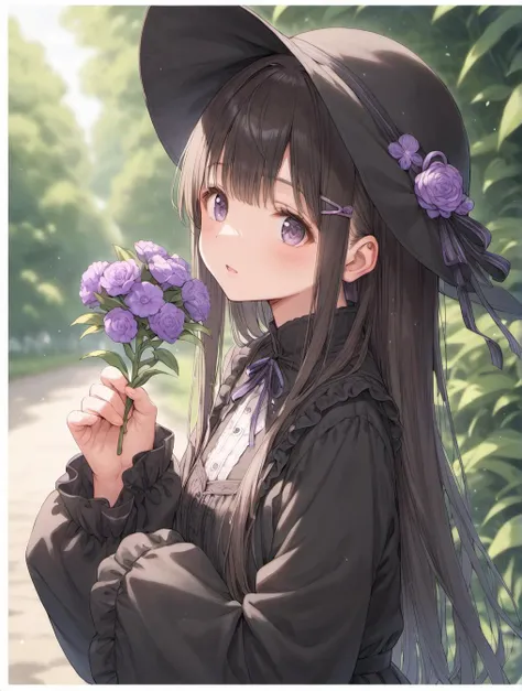 anime girl with long hair and a hat holding a flower