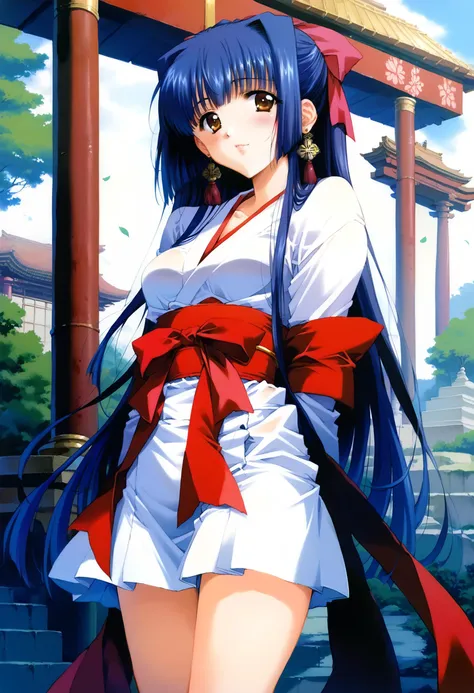 anime girl in a white dress with blue hair and red bow