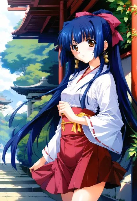 anime girl with long blue hair and red skirt standing in front of a building