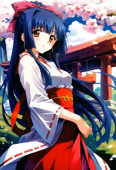 anime girl with long blue hair and red dress standing in front of a bridge