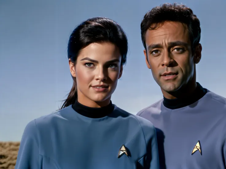 a close up of a man and woman in star trek uniforms