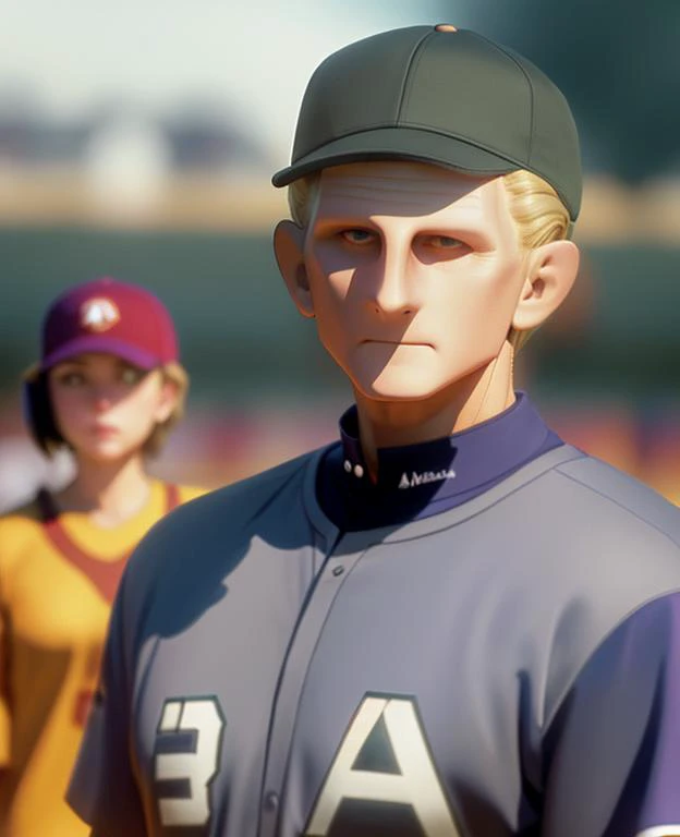 sdn <lora:diffusiondesign_SDN_LoRA_1.12:0.9>, a medium view of (odo) playing baseball, changeling, wearing cap, human player in foreground, blurry background, outside, masterpiece, character art, absurdres, rene auberjonois