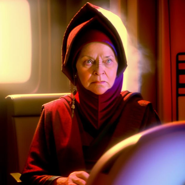 sdn <lora:diffusiondesign_SDN_LoRA_1.12:1>, a medium view of (kai winn), vedic, bajoran, woman, wearing vedic uniform, intense distressed expression, sitting in ship chair, with blurry red alert background, red glowing fog, emergency, (louise fletcher)