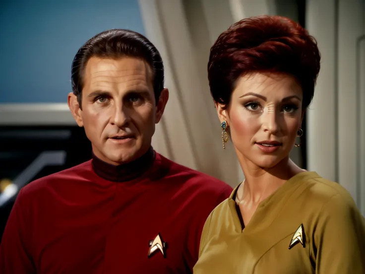 a close up of a man and a woman in a red shirt