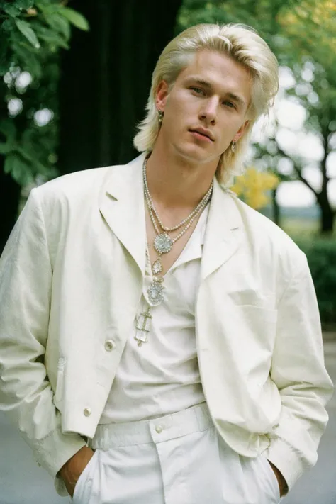 a close up of a person wearing a white suit and necklace