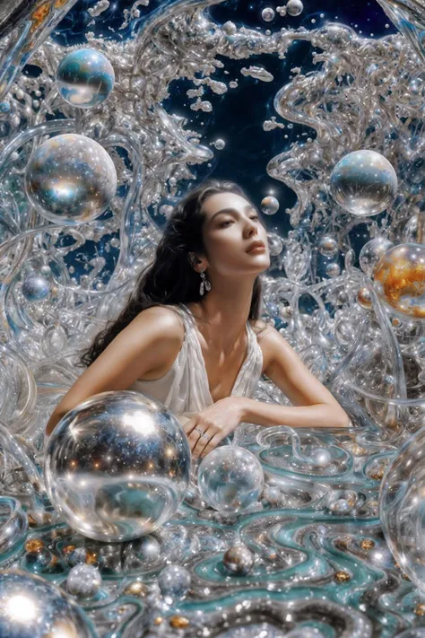 a woman in a white dress is surrounded by silver balls