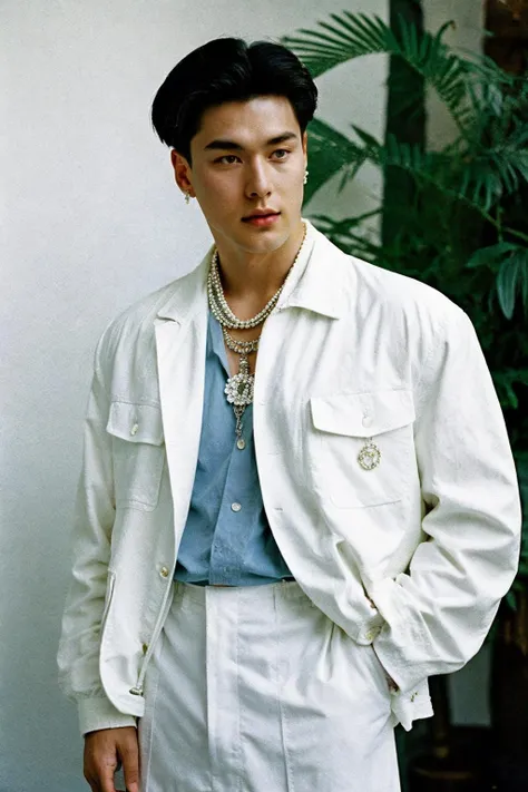 man, 90s, retro, sunny daylight, natural light, white jacket, jewelry, rich house setting, (oldmoney aesthetic:1.1), fashion editorial, film grain, cinematic shot, 1990s magazine,
80mm f/11 on kodak ektachrome e100, soft focus, film grain, muted colors,