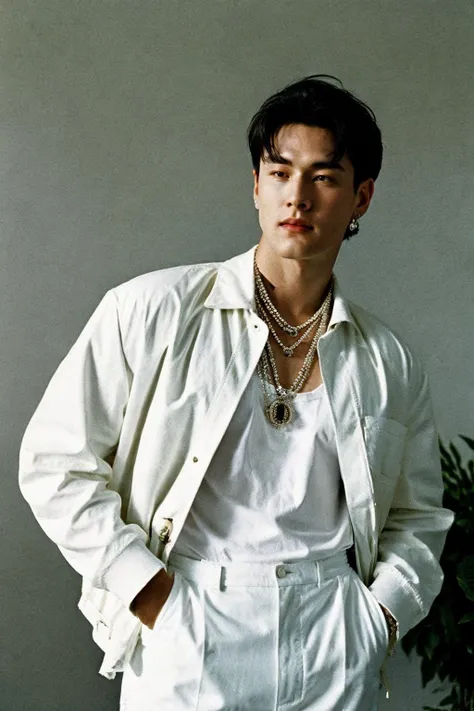 man, 90s, retro, sunny daylight, natural light, white jacket, jewelry, rich house setting, (oldmoney aesthetic:1.1), fashion editorial, film grain, cinematic shot, 1990s magazine,
80mm f/11 on kodak ektachrome e100, soft focus, film grain, muted colors,