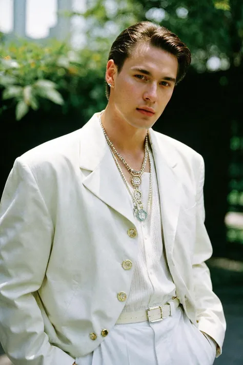 man, 90s, retro, sunny daylight, natural light, white jacket, jewelry, rich house setting, (oldmoney aesthetic:1.1), fashion editorial, film grain, cinematic shot, 1990s magazine, black suit,
80mm f/11 on kodak ektachrome e100, soft focus, film grain, mute...
