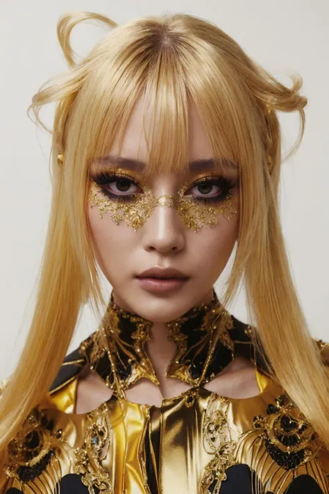 a woman, makeup, by yanjun cheng, yellow details, spiraling design, metallic, neoprene, hair over face, fashion photography, intricate clothing, detailed dress and face, hair over her eyes