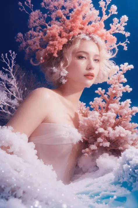 a woman in a white dress and pink flowers in her hair