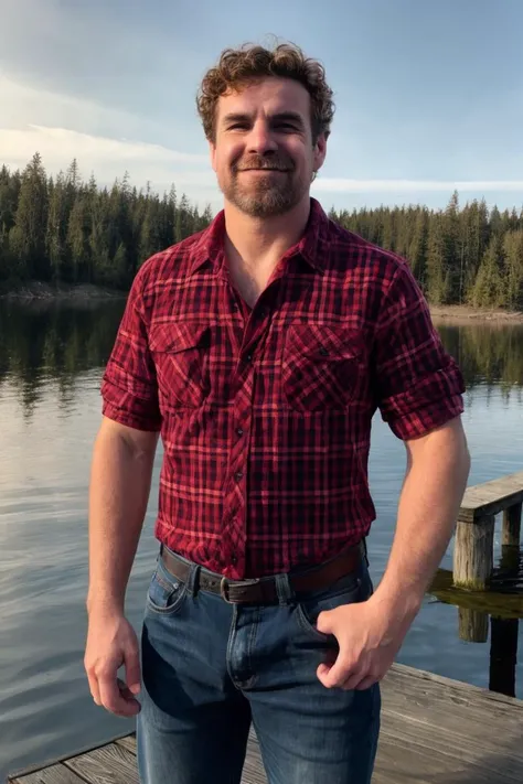 photo of a man wearing a flannel shirt and jeans standing on a dock, closeup, <lora:PatSmith-DocStasis:0.9>