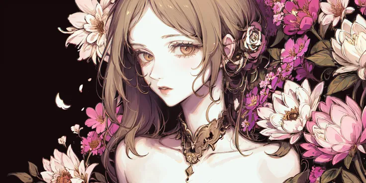 anime girl with flowers in her hair and a necklace