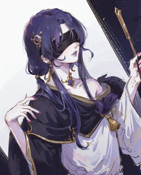 1boy, bangs, dark blue hair, (short hair with long locks:1.4), hair between eyes, hair ornament, japanese clothes, long sleeves, male focus,wide sleeves, off shoulder,  <lora:OffShoulderKimono:1>, blindfold, (black blindfold:1.4), yoshitaka amano character...