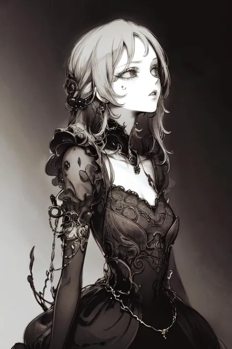 style by NTY, a woman, yoshitaka amano vibe, sickened flesh decay, an intricate dress, <lora:PsychoMode:0.7>
