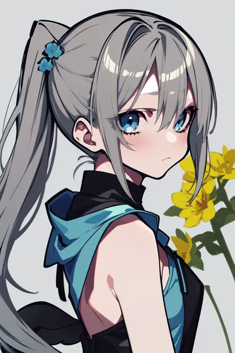 solo, 1girl, mature female, looking back, flustered, dark grey hair, sidelocks tied back, blue eyes, light blue sleeveless shirt, backlighting, 
graffiti, Canterbury_Bells (flower), floral background <lora:mochizuki_kei_style_v01:1>