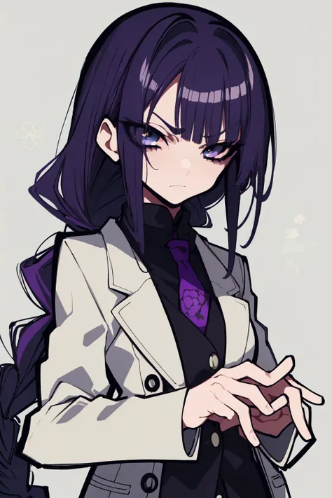 solo, 1girl, mature female, looking at viewer, frown, dark purple hair, dreadlocks, light blue eyes, beige blazer, sidelighting, 
graffiti, Sansevieria (flower), floral background <lora:mochizuki_kei_style_v01:1>