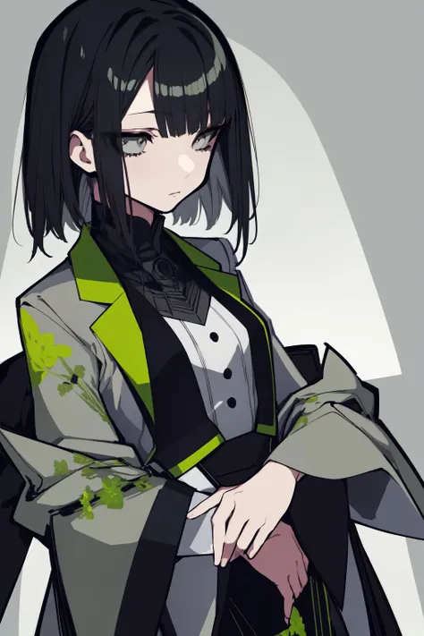 solo, mature female, looking down, sleepy, black hair, pointy hair, light grey eyes, green suit jacket, foggy atmosphere, Canterbury_Bells (flower), floral background <lora:mochizuki_kei_style_v01:1>