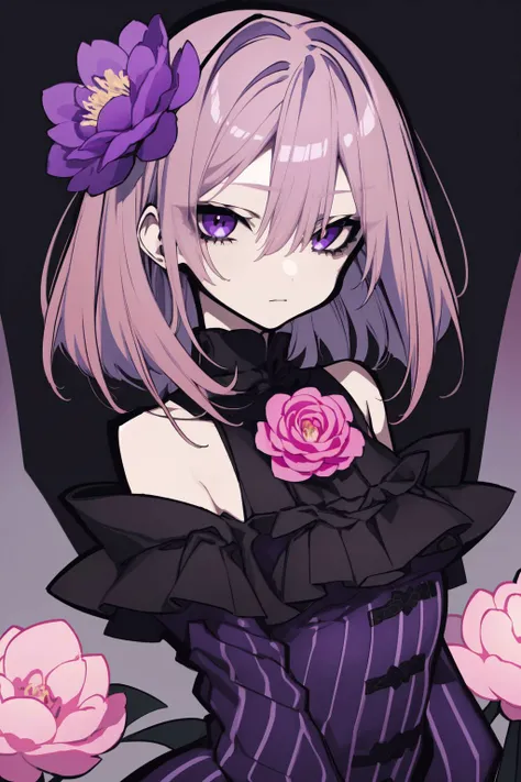 solo, mature female, looking down, hurt, light purple hair, flower-shaped hair, dark purple eyes, dark purple striped shirt, glttering light, Peony (flower), floral background <lora:mochizuki_kei_style_v01:1>