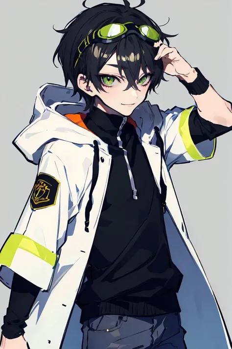 <lora:mochizuki_kei_style_v01:1>, ultra detailed, masterpiece, best quality, solo, smile,
1boy, green eyes, short hair, black hair, bangs, hair between eyes, messy hair,
goggles on head, headband, white coat, hooded coat, hood down, open coat, turtleneck, ...