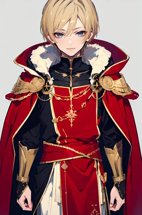 <lora:mochizuki_kei_style_v01:1>, ultra detailed, masterpiece, best quality, solo, smile, red theme, 1boy, blue eyes, medium blonde hair, parted bangs, hair intakes, male focus, muscular male, armor, pauldrons, cuirass, gauntlets, waist cape, greaves, blac...