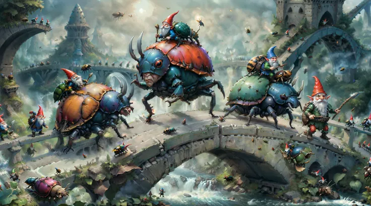 gnomes riding giant beetles across a bridge into battle     <lora:xl_more_art-full_v1:1>