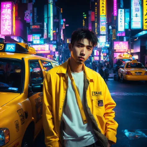 a man leaning against a taxi cab, anime, neon lights, smooth, studio lighting,