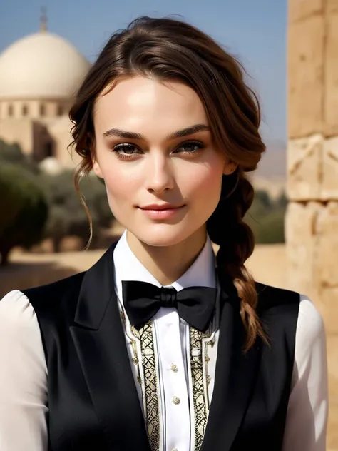 masterpiece,best quality, renaissance style art, keira knightley has an adorable smile, blushing skin and a youthful glow, she wears a sleek black blazer and a bowtie, her face is a focal point for glowing middle eastern and arabic motifs which emphasize h...