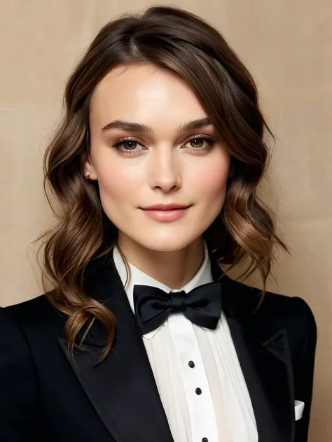 masterpiece,best quality, renaissance style keira knightley has an adorable smile, blushing skin and a youthful glow, she wears a sleek black blazer and a bowtie, portrait