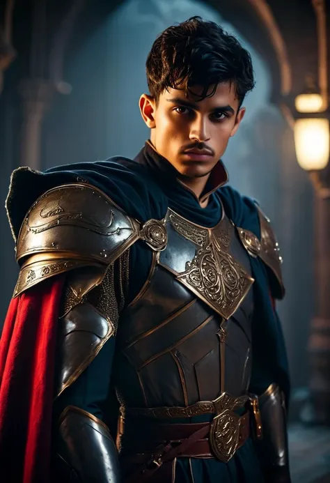 ((raw photo)),((full body shoot:1.3))  (wide angle), ((focus on character)),  photo of epic   young man from Arab   with Chin Curtain and    Asymmetrical haircut hairsytlerage  he  is a warrior  in knight outfit , with ((magic grimuar with magic glowing ru...