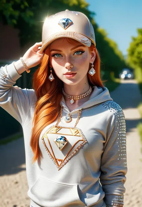 pretty ginger young woman with freckles and a rai-bling baseball cap, diamond necklace, full body view, selfie, stylish hoodie, summer, sunny weather, pretty ginger young woman with freckles and a rai-bling baseball cap, diamond necklace, full body view, s...