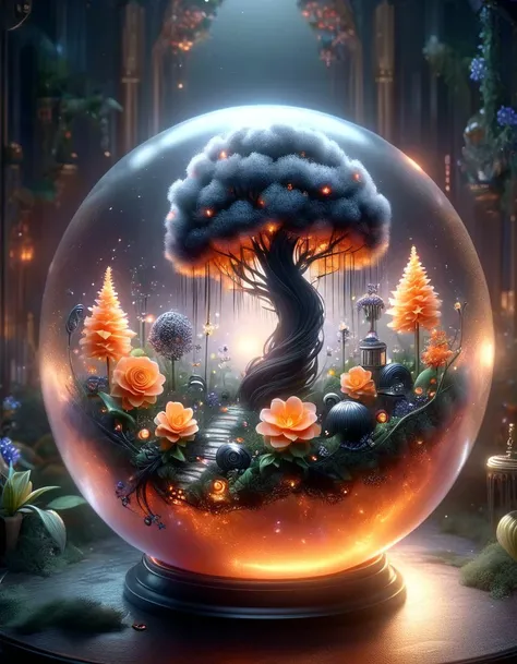 a close up of a snow globe with a tree inside of it