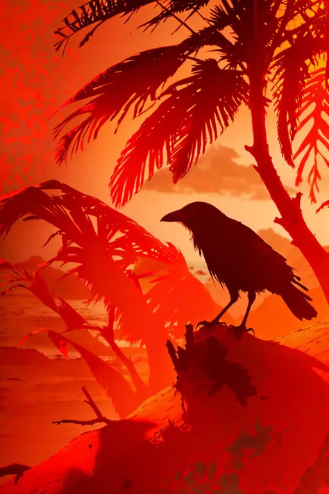 The Hawaiian Crow in Shadowed Silhouettes, exploring the orange mysterious, alluring, and red enchanting world of contrasting shadows, with the powerful, intriguing, and dramatic shapes invoking a sense of wonder and awe.